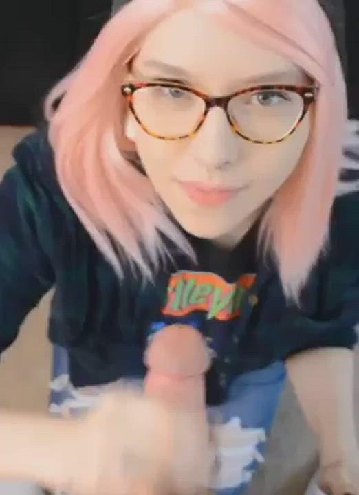 Cum on a cute face of pink hair girl