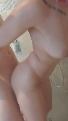 Blonde with pierced tits riding his cock in the shower