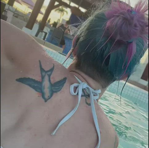 He wouldn’t give me my bottoms back until I stood up in front of everyone at the hotel pool! I think only one guy caught me 🙈 [gif]