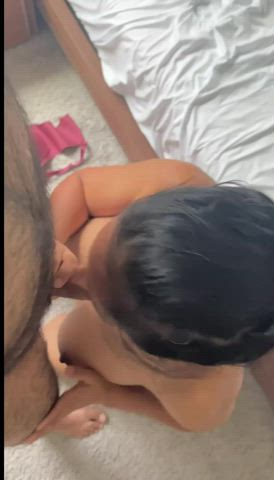 Wife on her knees naked sucking it deep